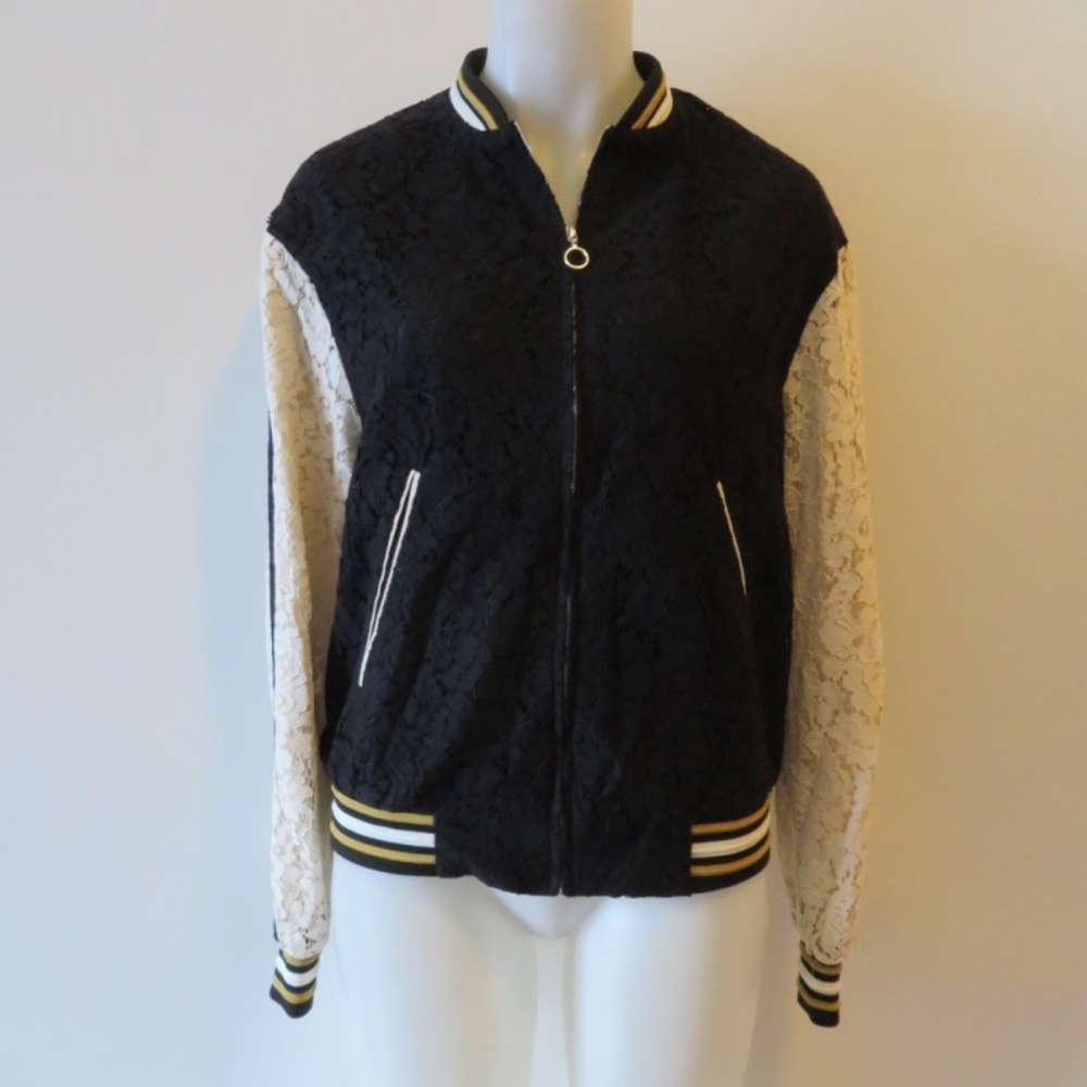 TRF_OUTERWEAR BLACK,CREAM,GOLD LACE ZIPUP JACKET S